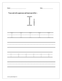 Trace and write the uppercase and lowercase letter i on four line worksheet.