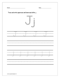 Trace and write the uppercase and lowercase letter j on four line worksheet.