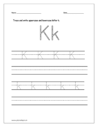 Trace and write the uppercase and lowercase letter k on four line worksheet.