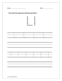 Trace and write the uppercase and lowercase letter l on four line worksheet.