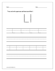 Trace and write the uppercase and lowercase letter l on four line worksheet.