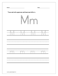 Trace and write the uppercase and lowercase letter m on four line worksheet.