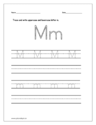 Trace and write the uppercase and lowercase letter m on four line worksheet.