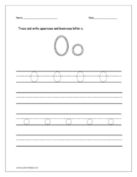 Trace and write uppercase and lowercase letter O on four line worksheet