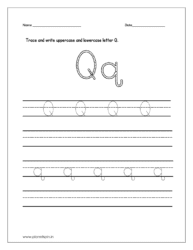 Trace and write uppercase and lowercase letter q on four line worksheet