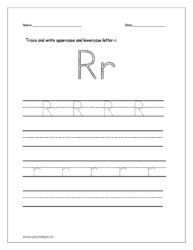 Trace and write uppercase and lowercase letter r on four line worksheet