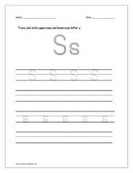 Trace and write uppercase and lowercase letter s on four line worksheet