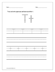 Trace and write the uppercase and lowercase letter t on four line worksheet.