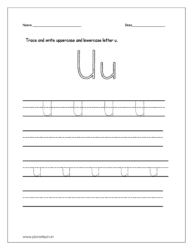 Trace and write the uppercase and lowercase letter u on four line worksheet
