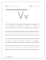 Trace and write the uppercase and lowercase letter v on four line worksheet