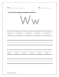 Trace and write the uppercase and lowercase letter w on four line worksheet