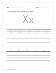 Trace and write the uppercase and lowercase letter x on four line worksheet