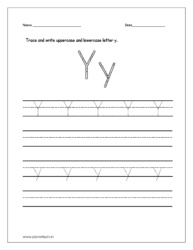 Trace and write the uppercase and lowercase letter y on four line worksheet