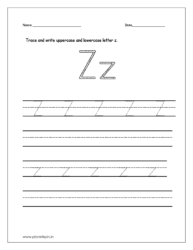 Trace and write the uppercase and lowercase letter z on four line worksheet