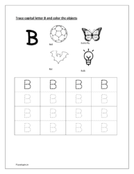 B: dotted alphabet for tracing. Color ball, butterfly, bat and bulb