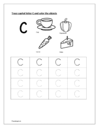 C: Trace letter C. Color cup, capsicum, carrot and cake