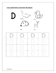 D: Trace letter D. Color dolphin, duck, dog and deer (Tracing letters worksheets pdf)