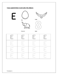 E: Trace letter E. Color egg, eagle, elephant and eight