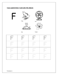 F: Trace letter F. Color frog, fan, fish and flower