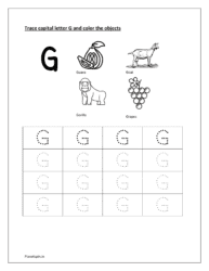 G: a to z english letters. Color guava, goat, gorilla and grapes