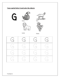 G: dotted alphabet for tracing. Color guava, goat, gorilla and grapes