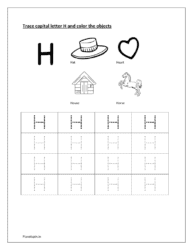 H: Trace letter H. Color hat, heart, house and horse