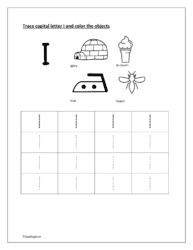 I: Trace letter I. Color igloo, ice-cream, iron and insect