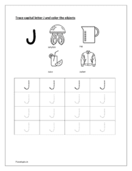 J: Trace letter J. Color jellyfish, jug, juice and jacket