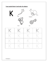 K: Trace letter K. Color kite, kangaroo, koala and key