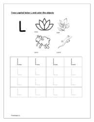 L: Trace letter L. Color lotus, leaf, lamb and lizard
