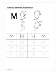 M: Trace letter M. Color moon, mango, milk and mouse (a to z english letters)