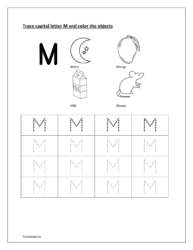 M: Tracing capital letter M. Color moon, mango, milk and mouse (a to z english letters)