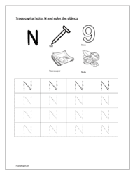 N: dotted alphabet for tracing. Color nail, nine, newspaper and nuts