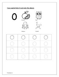 O: Tracing capital letter O. Color orange, owl, octopus and ostrich