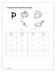 P: Tracing capital letter P. Color pumpkin, potato, parrot and pan