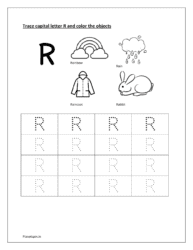 R: a to z english letters. Color rainbow, rain, raincoat and rabbit