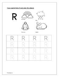 R: dotted alphabet to trace. Color rainbow, rain, raincoat and rabbit