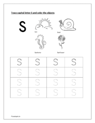 S: Tracing capital letter S alphabet. Color sun, snail, seahorse and sunflower