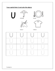 U: Trace letter U. Color umbrella, utensil, unicorn and uniform