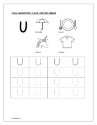 U: Trace letter U alphabet. Color umbrella, utensil, unicorn and uniform