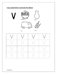 V: a to z english letters. Color vegetables, vase, van and violin
