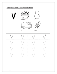 V: dotted alphabet for tracing. Color vegetables, vase, van and violin