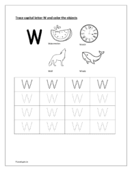 W: dotted alphabet to trace. Color watermelon, watch, wolf and whale