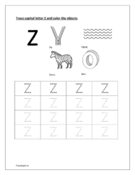 Z: Tracing capital letter Z. Color zip, zig zag, zebra and zero