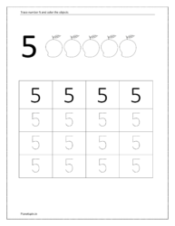 Trace number 5. Count and color the objects (number 5 tracing worksheets for preschool)