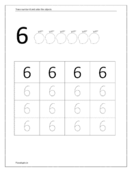 Trace number 6. Count and color the objects