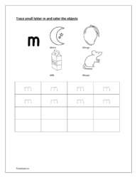 Trace and write the small letter m and color the objects