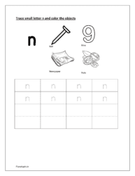 Trace and write the small letter n and color the objects