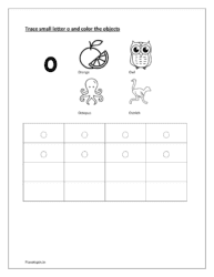 Trace and write the small letter o and color the objects