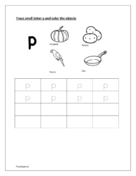 Trace small letter p and color the objects